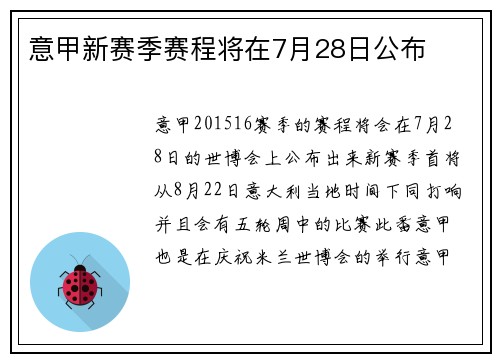 意甲新赛季赛程将在7月28日公布